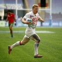 John Brake races to the line to score a try against Portugal in their first pool match (F) at the IRB RWC 7s at Luzhniki Stadium, Moscow, 28th June 2013