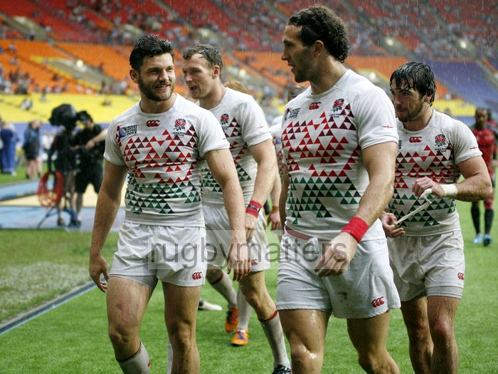 England leave the pitch after winning the Cup Semi-Final against Kenya. IRB RWC 7s at Luzhniki Stadium, Moscow, 30th June 2013