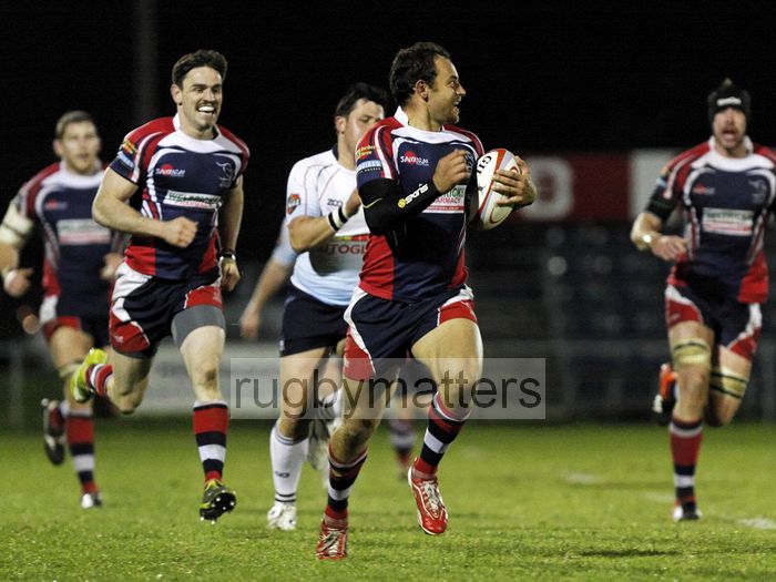Dante Mama smiles as he nears the line to score a try. Castle Park, Doncaster- 9th November 2013, 1945 kick off. RFU Championship.