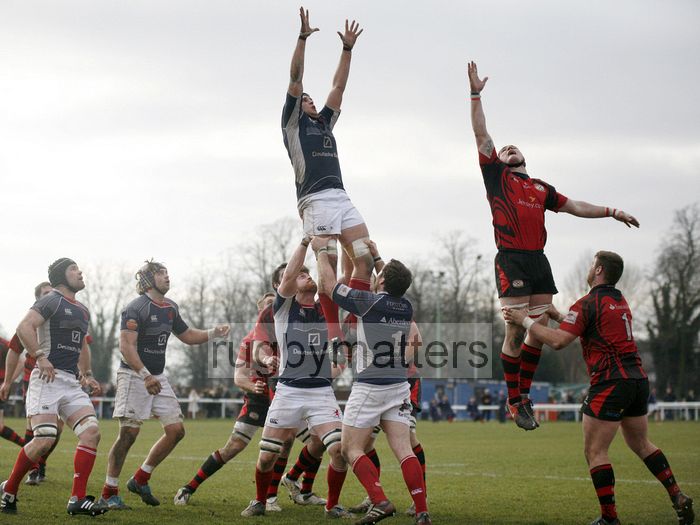 Tyler Hotson is lifted for a lineout. London Scottish v Jersey at Richmond Athletic Ground, Kew Foot Road, Richmond on 2nd March 2013 KO 1400.