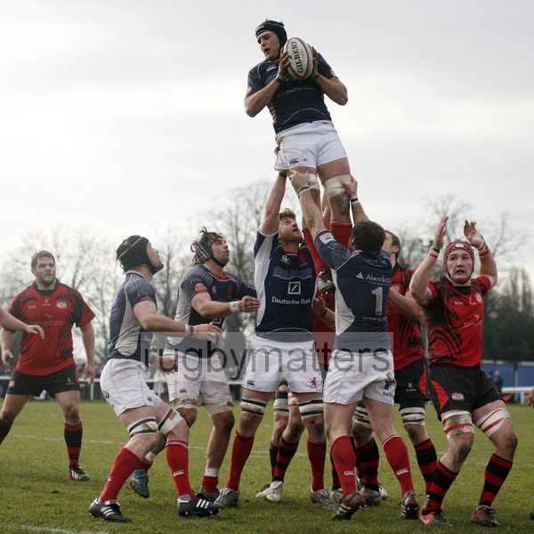 Tyler Hotson takes clean lineout ball. London Scottish v Jersey at Richmond Athletic Ground, Kew Foot Road, Richmond on 2nd March 2013 KO 1400.