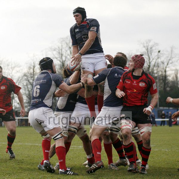 Tyler Hotson passes to Ben Russell from a lineout. London Scottish v Jersey at Richmond Athletic Ground, Kew Foot Road, Richmond on 2nd March 2013 KO 1400.