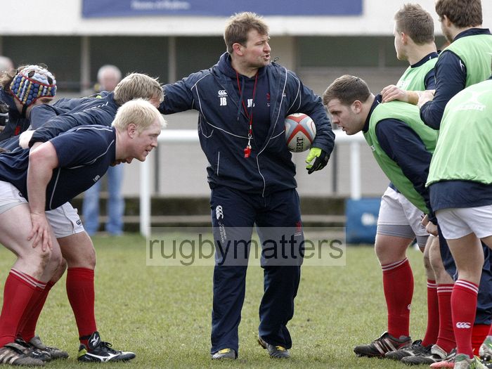 James Buckland leads London Scottish through their warm up routine. London Scottish v Jersey at Richmond Athletic Ground, Kew Foot Road, Richmond on 2nd March 2013 KO 1400.
