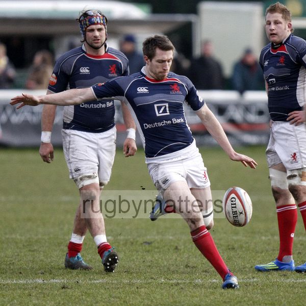 Jim Thompson kicks a penalty to touch. London Scottish v Jersey at Richmond Athletic Ground, Kew Foot Road, Richmond on 2nd March 2013 KO 1400.