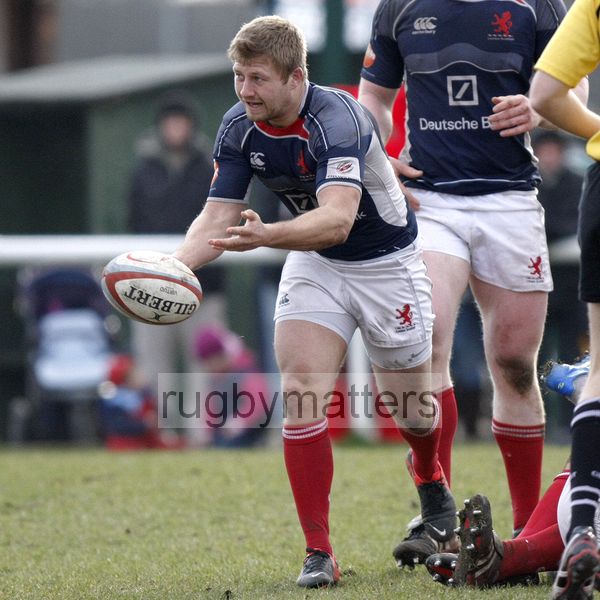 Richard Bolt passes the ball from the back of a ruck. London Scottish v Jersey at Richmond Athletic Ground, Kew Foot Road, Richmond on 2nd March 2013 KO 1400.