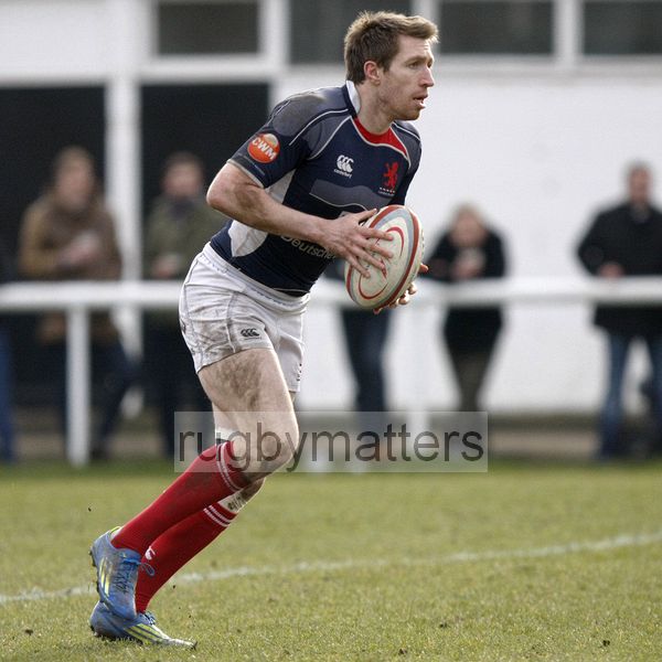 Jim Thompson in action. London Scottish v Jersey at Richmond Athletic Ground, Kew Foot Road, Richmond on 2nd March 2013 KO 1400.
