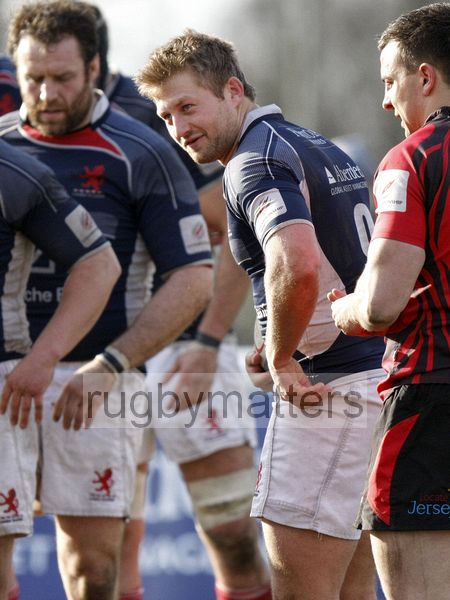 Richard Bolt as a scrum is set. London Scottish v Jersey at Richmond Athletic Ground, Kew Foot Road, Richmond on 2nd March 2013 KO 1400.