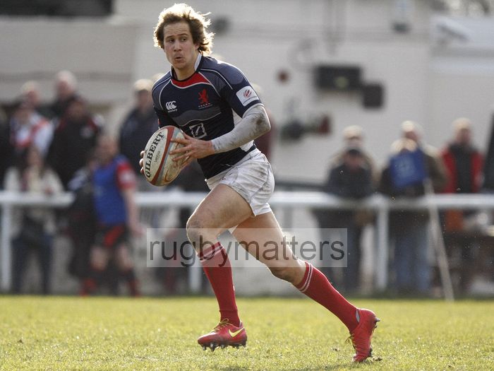 James Love in action. London Scottish v Jersey at Richmond Athletic Ground, Kew Foot Road, Richmond on 2nd March 2013 KO 1400.