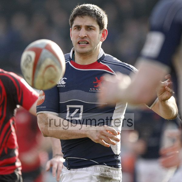 Andy Reay passes the ball. London Scottish v Jersey at Richmond Athletic Ground, Kew Foot Road, Richmond on 2nd March 2013 KO 1400.