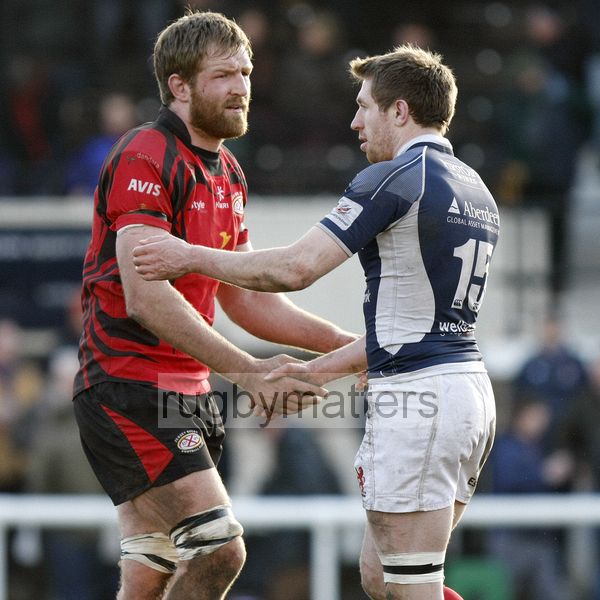Nathan Hannay and Jim Thompson shake hands post-match. London Scottish v Jersey at Richmond Athletic Ground, Kew Foot Road, Richmond on 2nd March 2013 KO 1400.