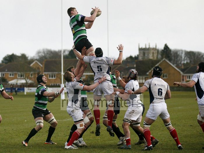 Calum Green reaches for the ball in a lineout. Leeds Carnegie v London Scottish at Brantingham Park, Brantingham Road, Brough, East Yorkshire on 10th March 2013 KO Calum Green reaches for the ball in alineout.