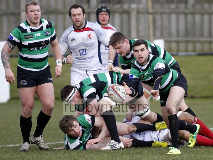 Craig Hampson passes the ball from the back of a ruck. Leeds Carnegie v London Scottish at Brantingham Park, Brantingham Road, Brough, East Yorkshire on 10th March 2013 KO 1500.