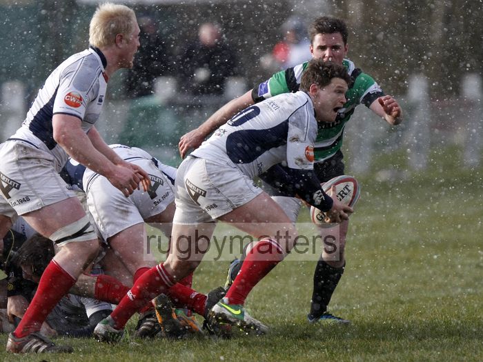 Ross Samson carries the ball from the back of a ruck. Leeds Carnegie v London Scottish at Brantingham Park, Brantingham Road, Brough, East Yorkshire on 10th March 2013 KO 1500.
