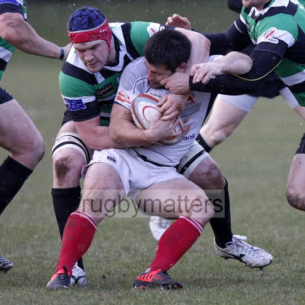 Andy Reay tackled by Ryan Burrows. Leeds Carnegie v London Scottish at Brantingham Park, Brantingham Road, Brough, East Yorkshire on 10th March 2013 KO 1500.