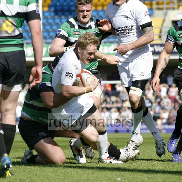 Alex Tait caught in posession. Leeds Carnegie v Newcastle in the first leg of The Championship Play-off Semi-Final. At Headingley Carnegie Stadium, St Michael's Lane, Headingley, Leeds , on 6th May 2013 KO 1515.