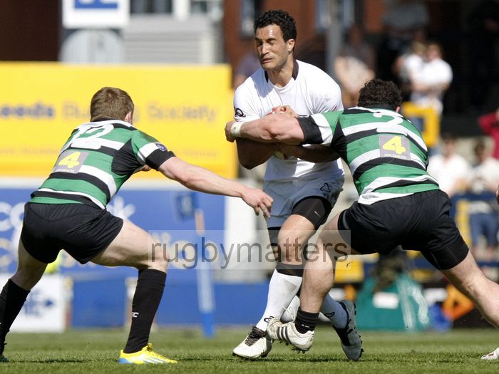 Tane Tu'ipulotu takes on the Leeds defence. Leeds Carnegie v Newcastle in the first leg of The Championship Play-off Semi-Final. At Headingley Carnegie Stadium, St Michael's Lane, Headingley, Leeds , on 6th May 2013 KO 1500.