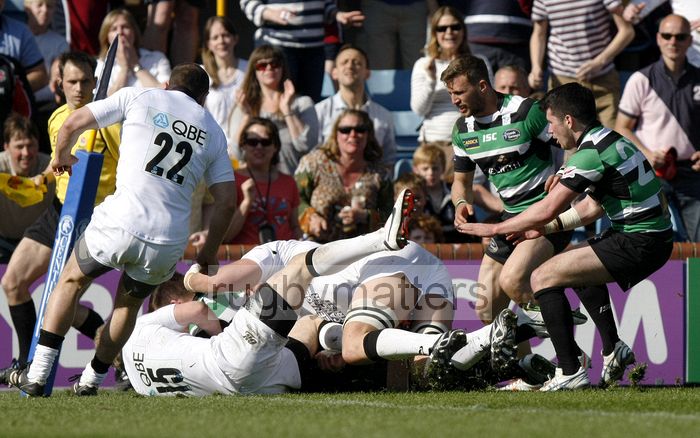 Ryan Burrows dives across the line to score and win the match. Leeds Carnegie v Newcastle in the first leg of The Championship Play-off Semi-Final. At Headingley Carnegie Stadium, St Michael's Lane, Headingley, Leeds , on 6th May 2013 KO 1515.