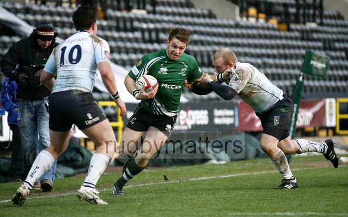 Alexander Lewington tackled short of the try line by Brendan Burke. Nottingham v Bedford at The County Ground, Nottingham on the 27th January 2013. RFU Championship - Stage 1.