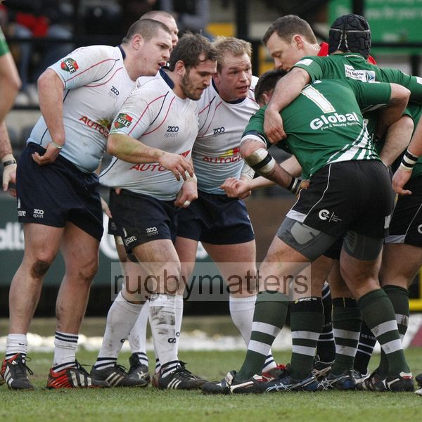 Bedford's front row trio Phil Boulton, Neil Cochrane and Ricky Reeves prepare for a scrum.  Nottingham v Bedford at The County Ground, Nottingham on the 27th January 2013. RFU Championship - Stage 1.