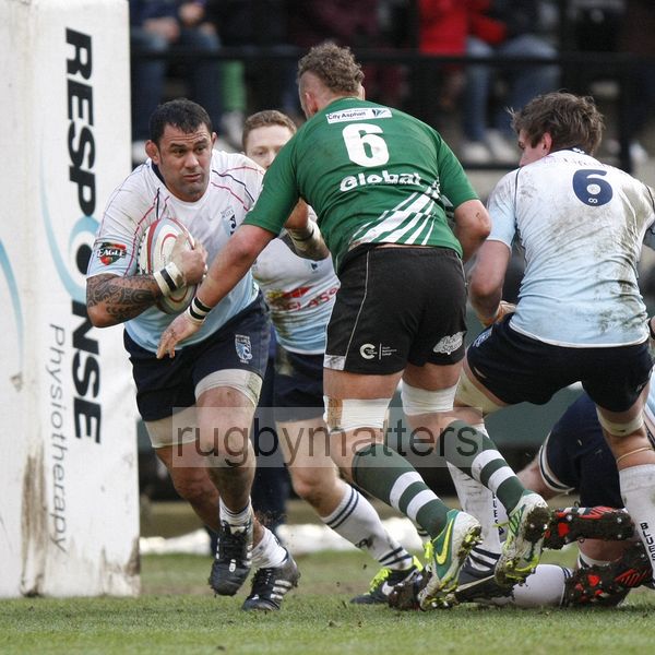Paul Tupai defends deep in his own territory. Nottingham v Bedford at The County Ground, Nottingham on the 27th January 2013. RFU Championship - Stage 1.