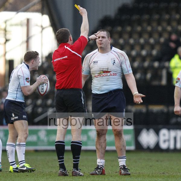 Referee Matthew Carley shows the yellow card to Phil Boulton. Nottingham v Bedford at The County Ground, Nottingham on the 27th January 2013. RFU Championship - Stage 1.