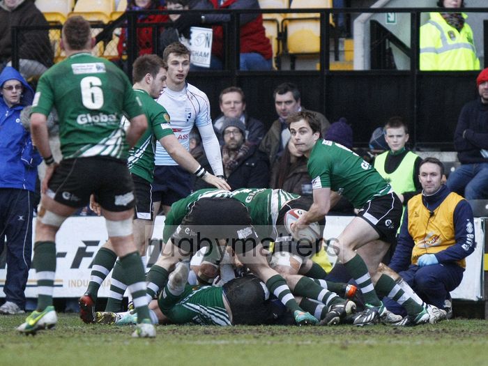 Sean Romans clears the ball from the back of a ruck. Nottingham v Bedford at The County Ground, Nottingham on the 27th January 2013. RFU Championship - Stage 1.