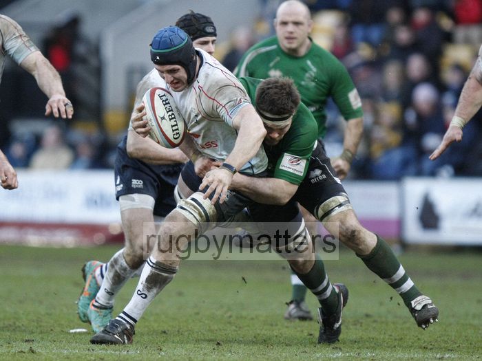 Mike Howard tackled by Dan Montagu. Nottingham v Bedford at The County Ground, Nottingham on the 27th January 2013. RFU Championship - Stage 1.