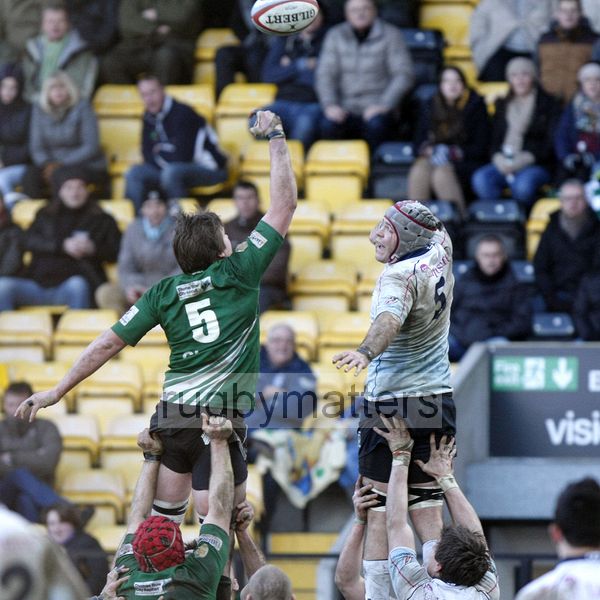 Nic Rouse and Ben Gulliver competing in a lineout. Nottingham v Bedford at The County Ground, Nottingham on the 27th January 2013. RFU Championship - Stage 1.