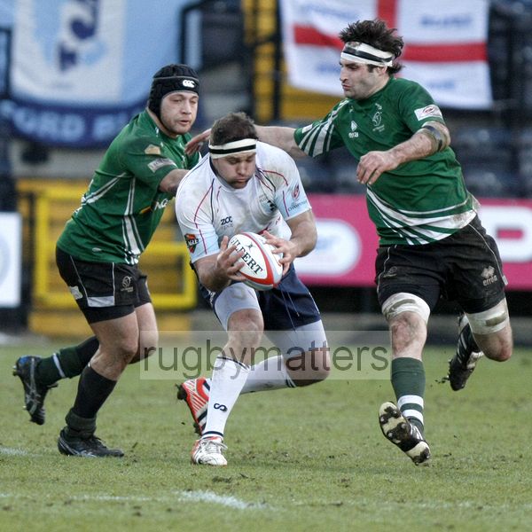 Dan Seal under pressure from Joe Duffey and Brent Wilson. Nottingham v Bedford at The County Ground, Nottingham on the 27th January 2013. RFU Championship - Stage 1.