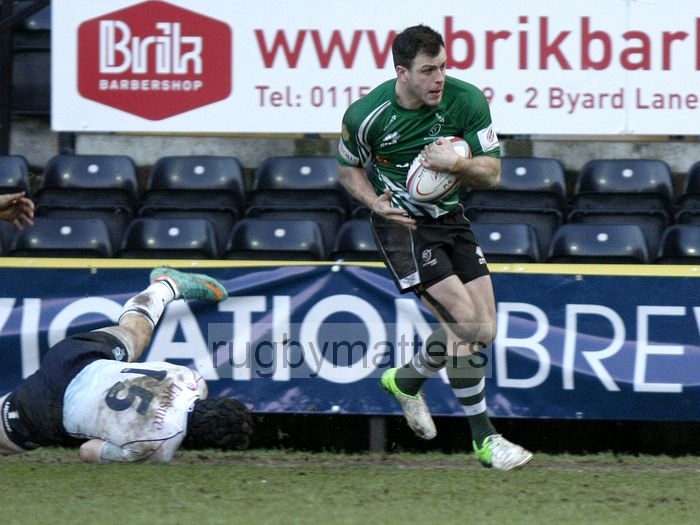 Rhys Crane makes a break up the wing. Nottingham v Bedford at The County Ground, Nottingham on the 27th January 2013. RFU Championship - Stage 1.