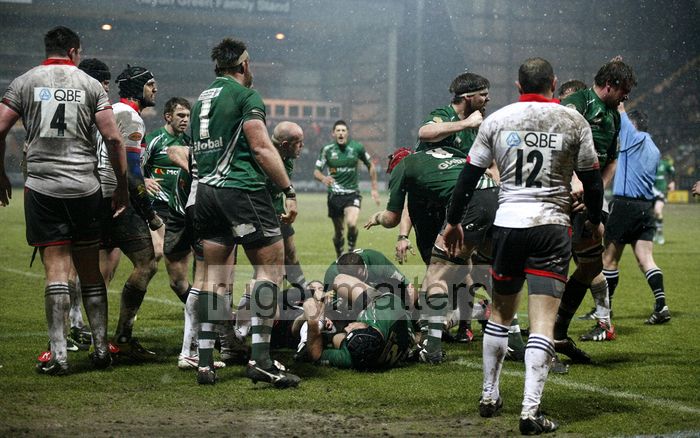 Brent Wilson is awarded a try after the Notingham rolling maul pushes him over the line. Nottingham v Newcastle at Meadow Lane Stadium, Meadow Lane, Nottingham, on 22nd March 2013 KO 1945.