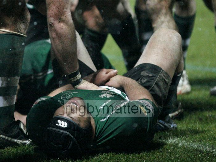 Joe Duffey suffers a painful injury during the Nottingham rolling maul that resulted in a Brent Wilson try. Nottingham v Newcastle at Meadow Lane Stadium, Meadow Lane, Nottingham, on 22nd March 2013 KO 1945.