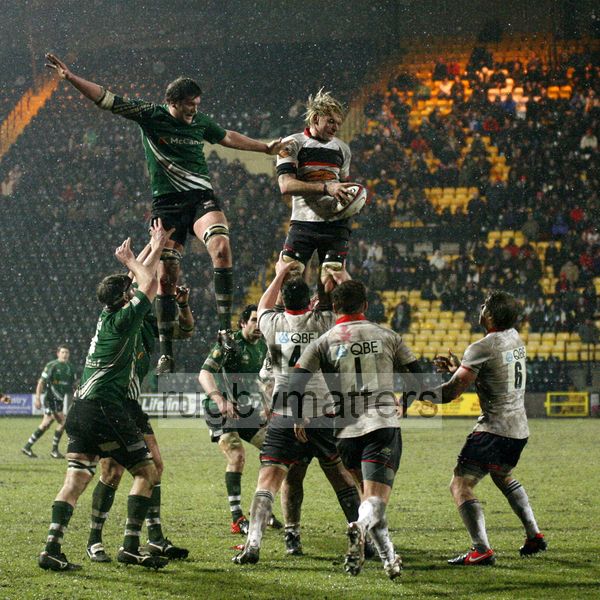 Scott MacLeod takes clean lineout ball whilst Nic Rouse is left hanging. Nottingham v Newcastle at Meadow Lane Stadium, Meadow Lane, Nottingham, on 22nd March 2013 KO 1945.