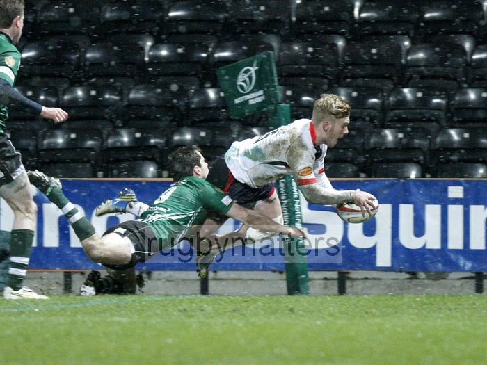 Tom Catterick dives over the line to score a try despite Sean Romans attempt to take him into touch. Nottingham v Newcastle at Meadow Lane Stadium, Meadow Lane, Nottingham, on 22nd March 2013 KO 1945.