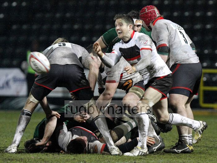Rory Lawson passes the ball from the back of a ruck. Nottingham v Newcastle at Meadow Lane Stadium, Meadow Lane, Nottingham, on 22nd March 2013 KO 1945.