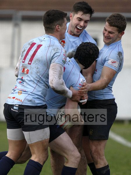 Team mates celebrate with James McKinney after he scored a try. Rotherham Titans v Plymouth Albion at Clifton Lane, Rotherham on 9th February 2013. KO 1430. RFU Championship - Stage 1.