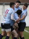 Team mates celebrate with James McKinney after he scored a try. Rotherham Titans v Plymouth Albion at Clifton Lane, Rotherham on 9th February 2013. KO 1430. RFU Championship - Stage 1.