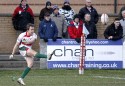 Paul Roberts takes a conversion kick. Rotherham Titans v Plymouth Albion at Clifton Lane, Rotherham on 9th February 2013. KO 1430. RFU Championship - Stage 1.