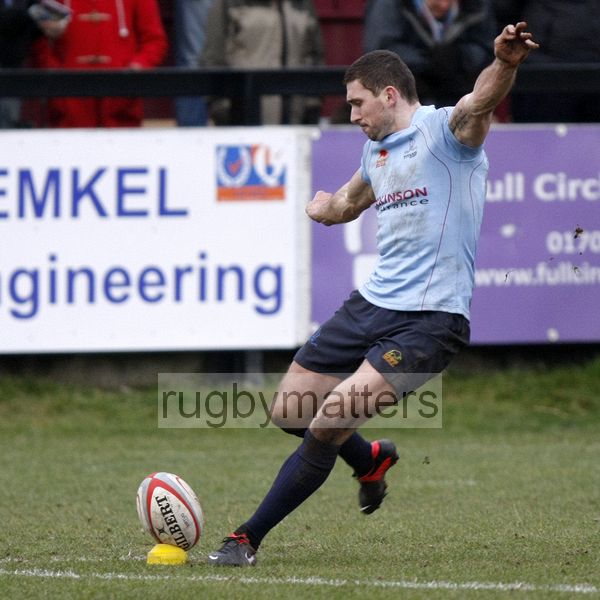 Garry Law takes a conversion kick. Rotherham Titans v Plymouth Albion at Clifton Lane, Rotherham on 9th February 2013. KO 1430. RFU Championship - Stage 1.