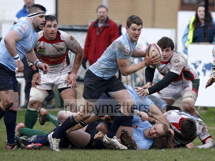 Charlie Mulchrone runs with the ball from the back of a ruck. Rotherham Titans v Plymouth Albion at Clifton Lane, Rotherham on 9th February 2013. KO 1430. RFU Championship - Stage 1.