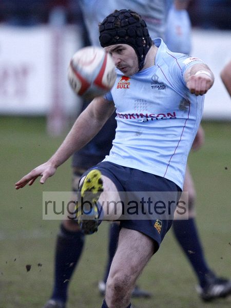James McKinney kicks a penalty to touch. Rotherham Titans v Plymouth Albion at Clifton Lane, Rotherham on 9th February 2013. KO 1430. RFU Championship - Stage 1.
