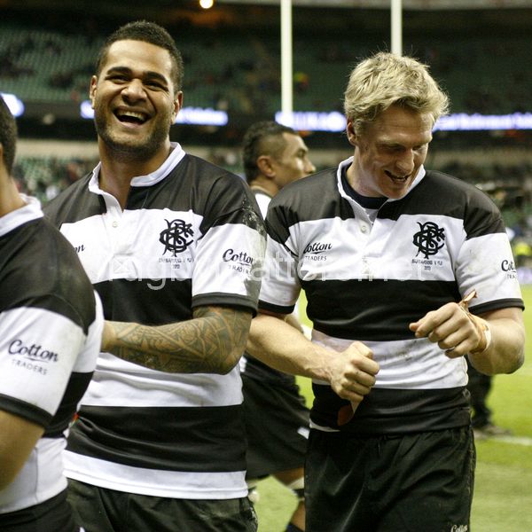 Frank Halai and Jean de Villiers as they wait to collect the winners medals and the Killik Cup. Barbarians v Fiji at Twickenham Stadium, Twickenham, London, England on 30th November 2013 ko 1430