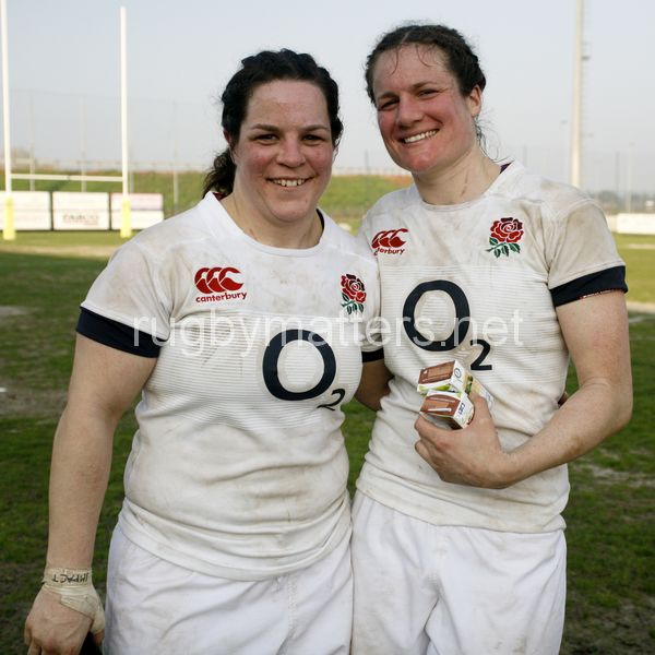 Claire Purdy and Becky Essex post match. Italy Women v England Women at Stadio Giulio e Silvio Pagani, Rovato, Italy on 16th March 2014 ko 1500