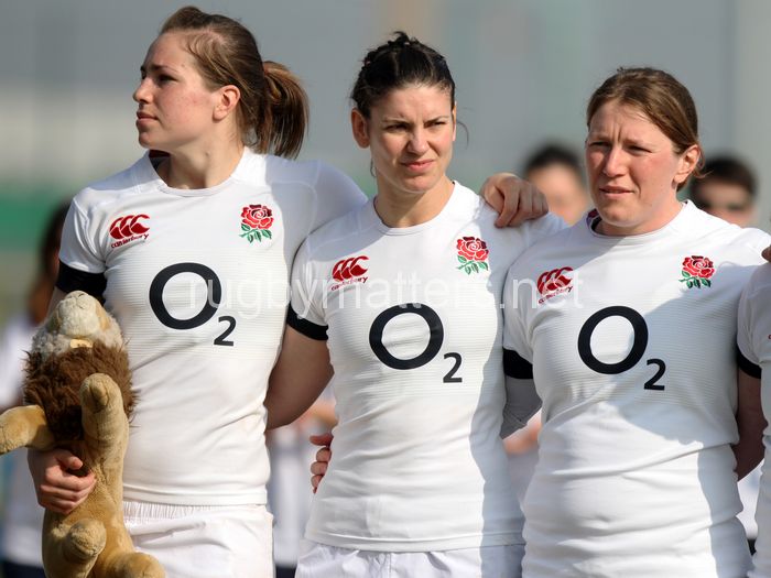 Emily Scarratt takes pride of place during the anthems to mark her 50th Cap for England. Italy Women v England Women at Stadio Giulio e Silvio Pagani, Rovato, Italy on 16th March 2014 ko 1500