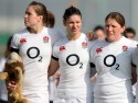 Emily Scarratt takes pride of place during the anthems to mark her 50th Cap for England. Italy Women v England Women at Stadio Giulio e Silvio Pagani, Rovato, Italy on 16th March 2014 ko 1500