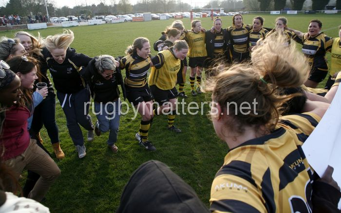 Post match huddle/dance, Richmond Ladies v Wasps Ladies, Cup Finals Day at Cooke Fields, Lichfield RFC, Lichfield on 28th March 2014
