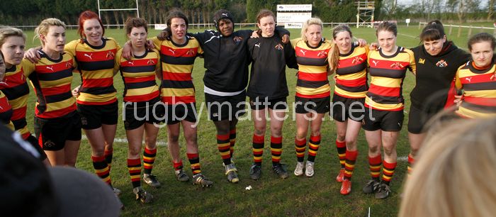 Post match huddle, Richmond Ladies v Wasps Ladies, Cup Finals Day at Cooke Fields, Lichfield RFC, Lichfield on 28th March 2014