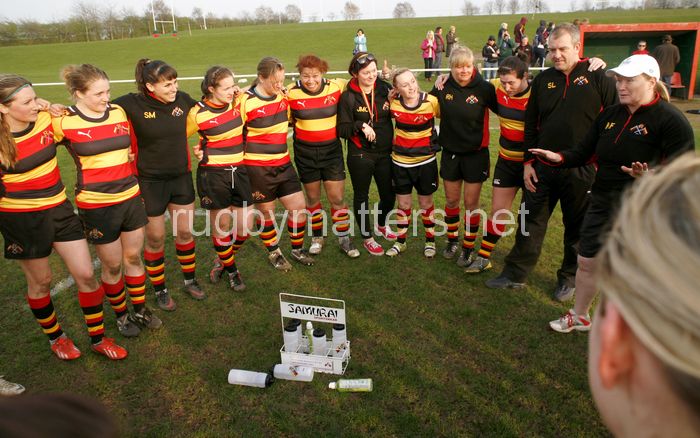 Post match huddle, Richmond Ladies v Wasps Ladies, Cup Finals Day at Cooke Fields, Lichfield RFC, Lichfield on 28th March 2014