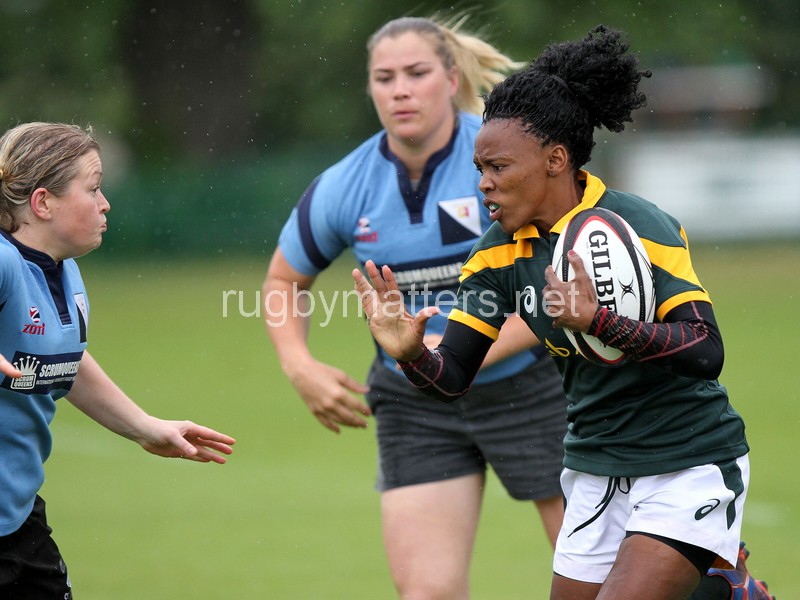 Phumeza Gadu in action. Nomads v South Africa, The Lensbury, Broom Road, Teddington, Middlesex, England, on 28th June 2014, ko 2pm.