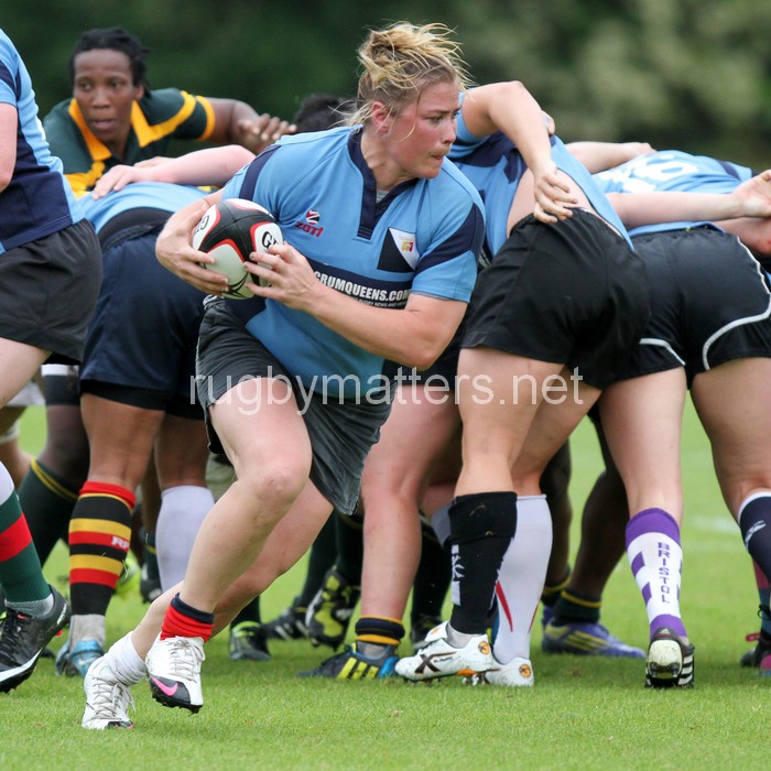 Catherine Spencer in action. Nomads v South Africa, The Lensbury, Broom Road, Teddington, Middlesex, England, on 28th June 2014, ko 2pm.